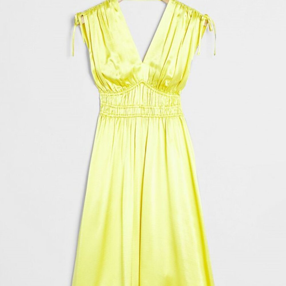 Anthropologie Sarika Chartreuse Yellow Cinch Waist Midi Dress WITH POCKETS